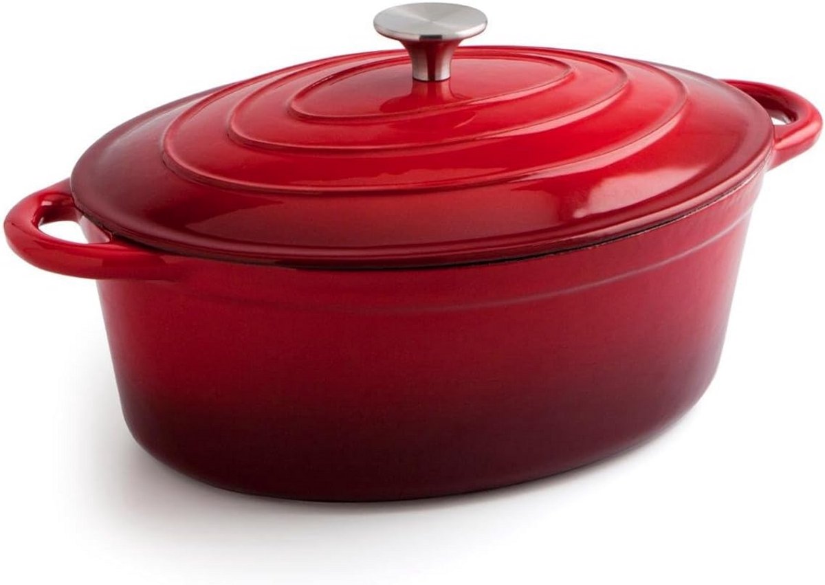 Ovale Gietijzeren Stoofpan met Deksel - Rood - 30 cm - 4.3 Liter