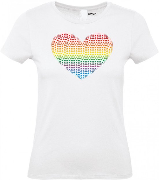 Dames t-shirt Kleine Hartjes Hart Regenboog | Carnaval - Concerten - Pride - Valentijn| Verkleedkleding Volwassenen | wit (Dames) | maat L