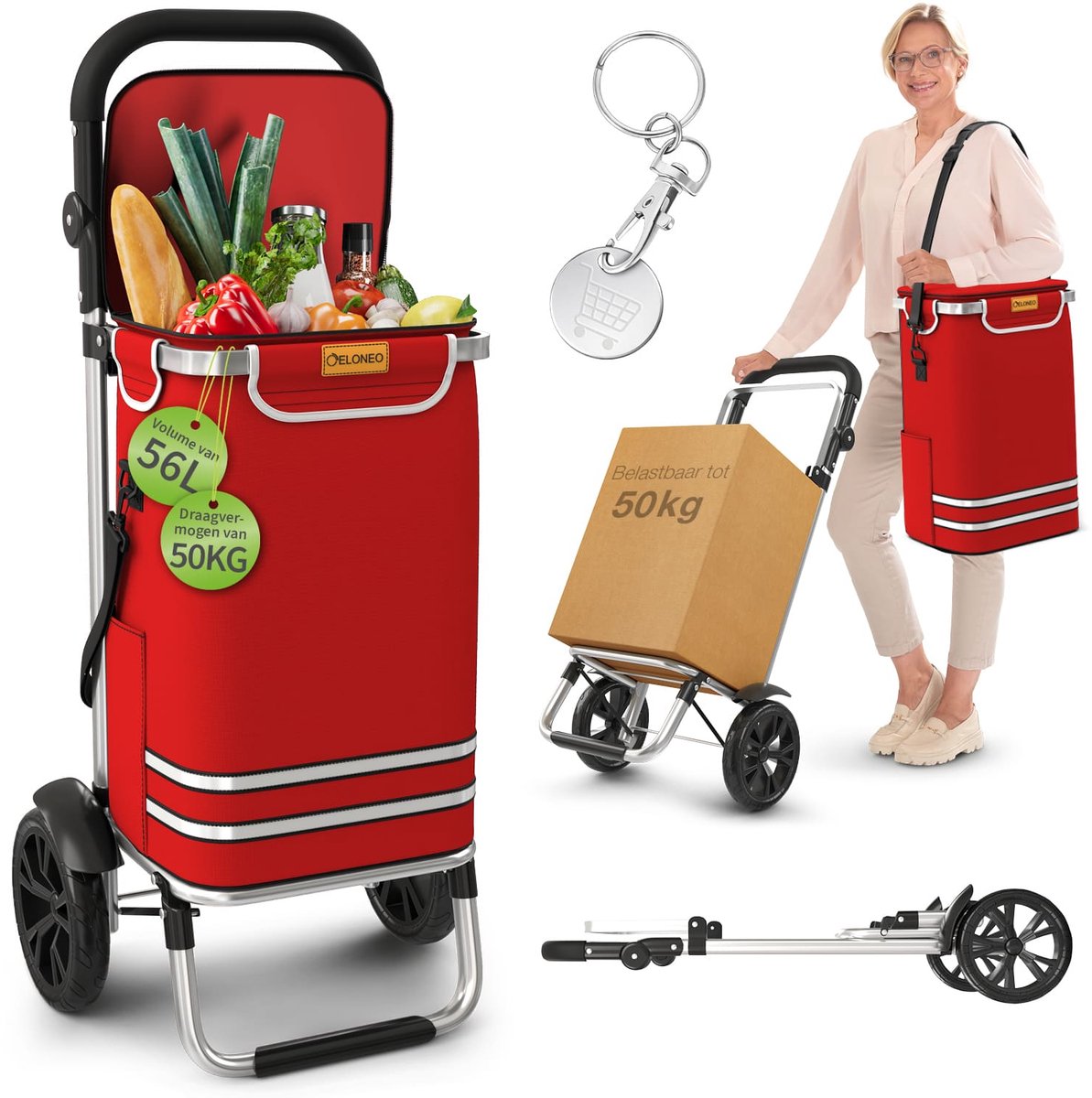 ELONEO boodschappentrolley opvouwbaar, boodschappentrolley met koelvak, 3-in-1 trolley, steekwagen & schoudertas - rood