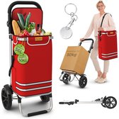 Rode boodschappentrolley van 56L, draagkracht 50kg, met inhoud en een vrouw die de trolley draagt.