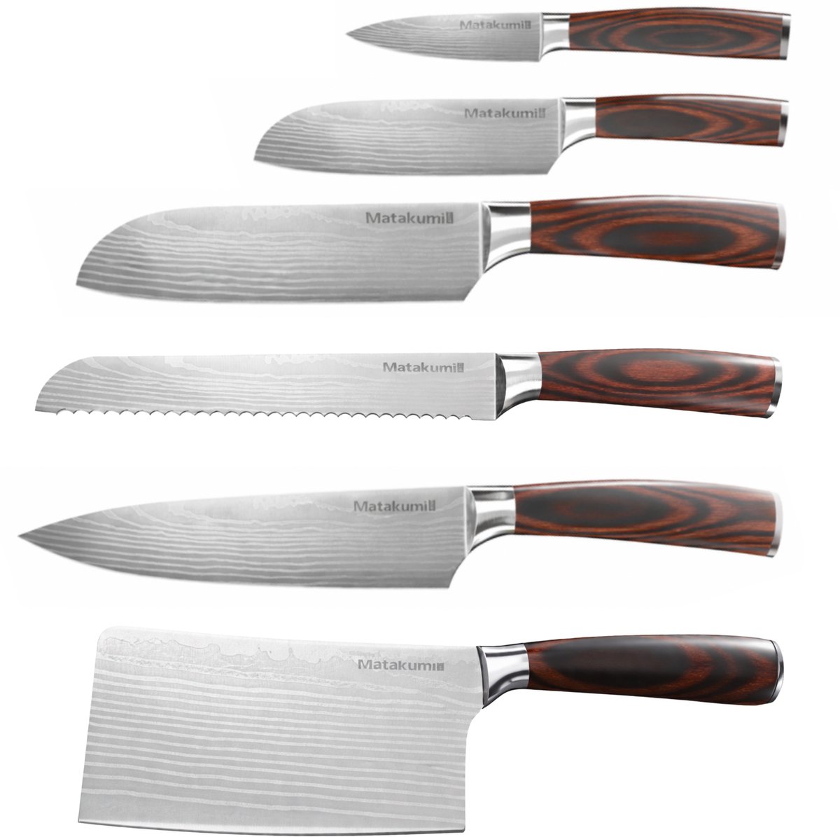 Matakumi Messenset Damascus Stijl - 6-Delige Messenset Damascus Print - Japanse Keukenmessen - Perfect Voor Hobbykoks en de Professionele Keuken