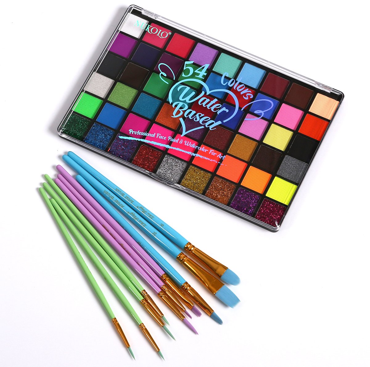 Schmink 54 kleuren waterbasis+ 44 Kleuren Schminkset voor Kinderen- schmink 16 Penselen & 17 Sjablonen - Ideaal voor Koningsdag, Pasen & Festivals - Veilig voor Kind & Volwassene — afbeelding 7