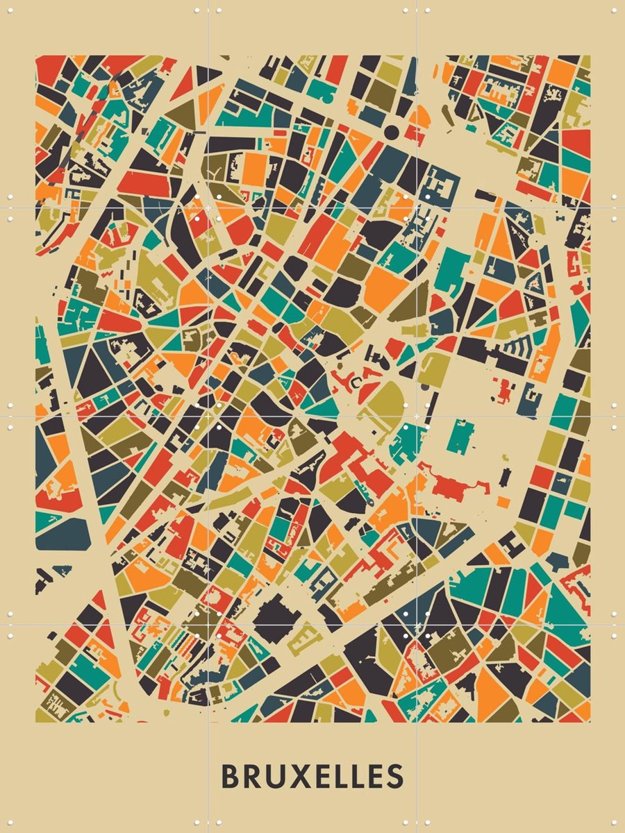 IXXI Bruxelles Mosaic Map, Kunst in Kaart - 60 x 80 cm - Gratis ophangtool - Grote wanddecoratie en posters - Street art, Geometrische Kunst, Digitale
