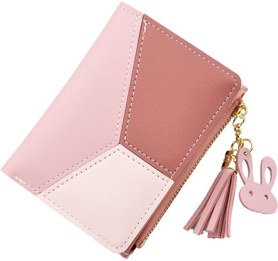 portemonnee dames - portemonnee - portefeuille dames - Damesportemonnees met rits - Kleine portemonnees met metalen drukknoopsluiting - Creditcardhouders voor meisjes - PVC - Roze