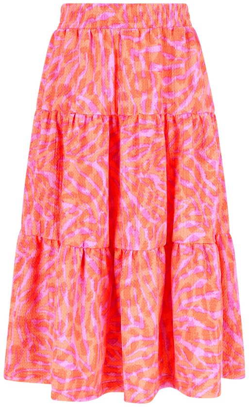 Gelaagde rok met oranje en roze tijgerprint, elastische tailleband.