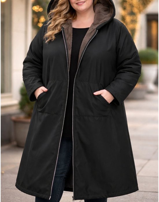 Dames Winterjas met Teddy Voering – Extra Warm – Lange Jas met Capuchon – Zwart – Maat 60