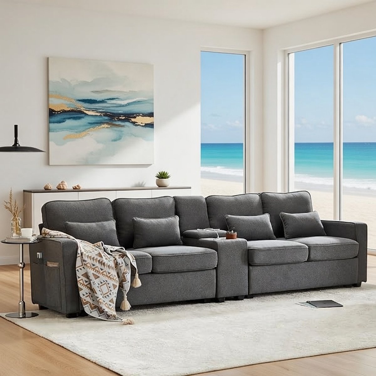 Moderne 4-zitsbank Casa Serena - Linnenstof, USB-oplaadpoorten, bekerhouders, opbergruimte, verstelbare rugkussens, comfortabele woonkamerbank - Donkergrijs / Beige
