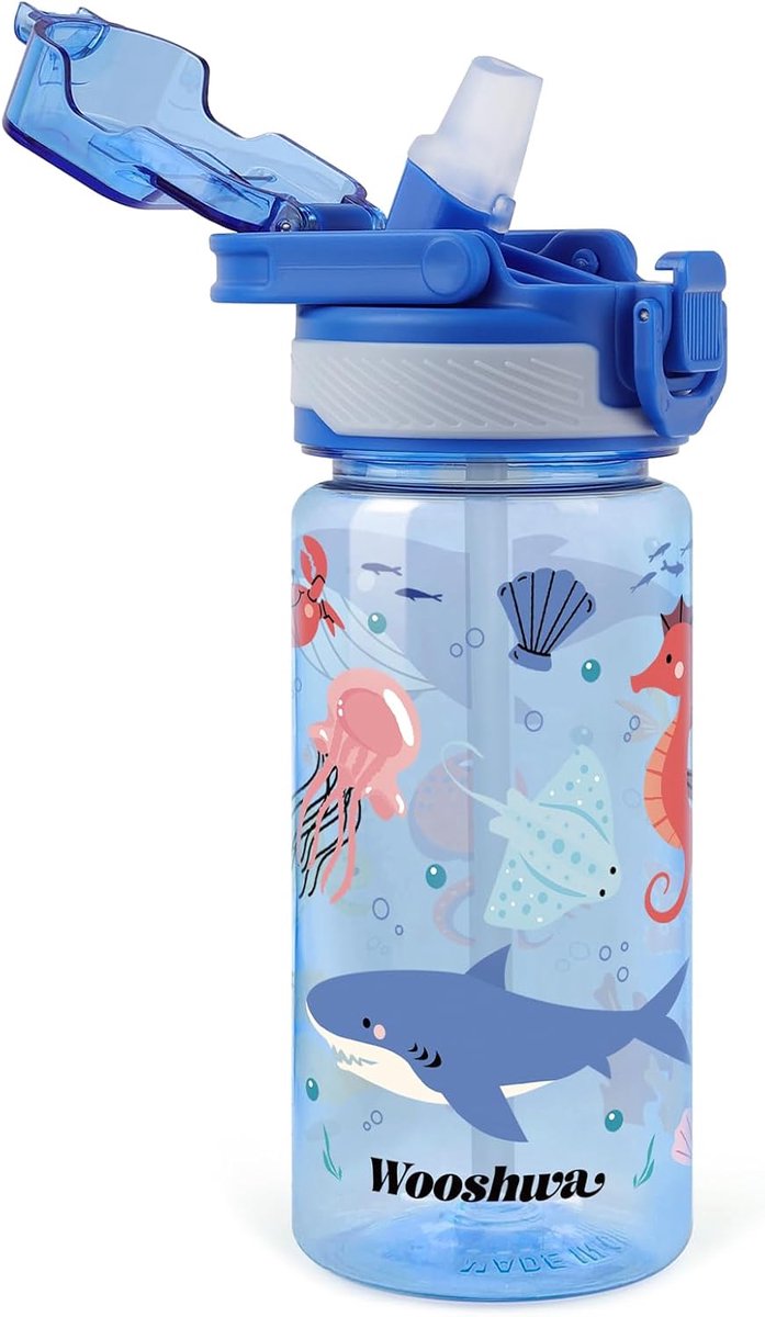 Kinderwaterfles - Plastic fles - School en sport - Pop-up deksel - 480 ML - Zeedieren