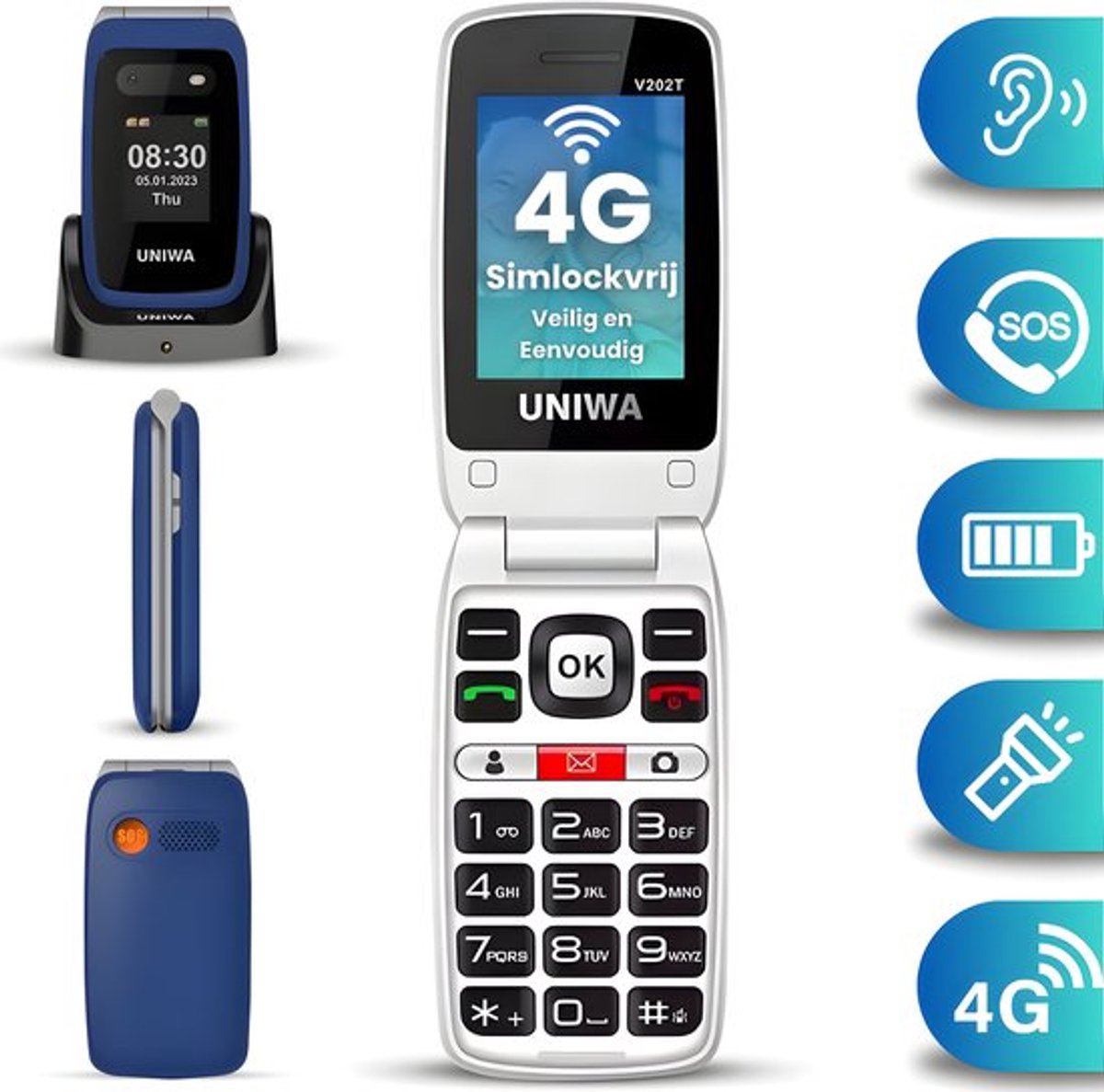 4G Senioren Telefoon Klapbaar – Grote Toetsen – SOS Knop – Oplaadstation - 128MB – Blauw