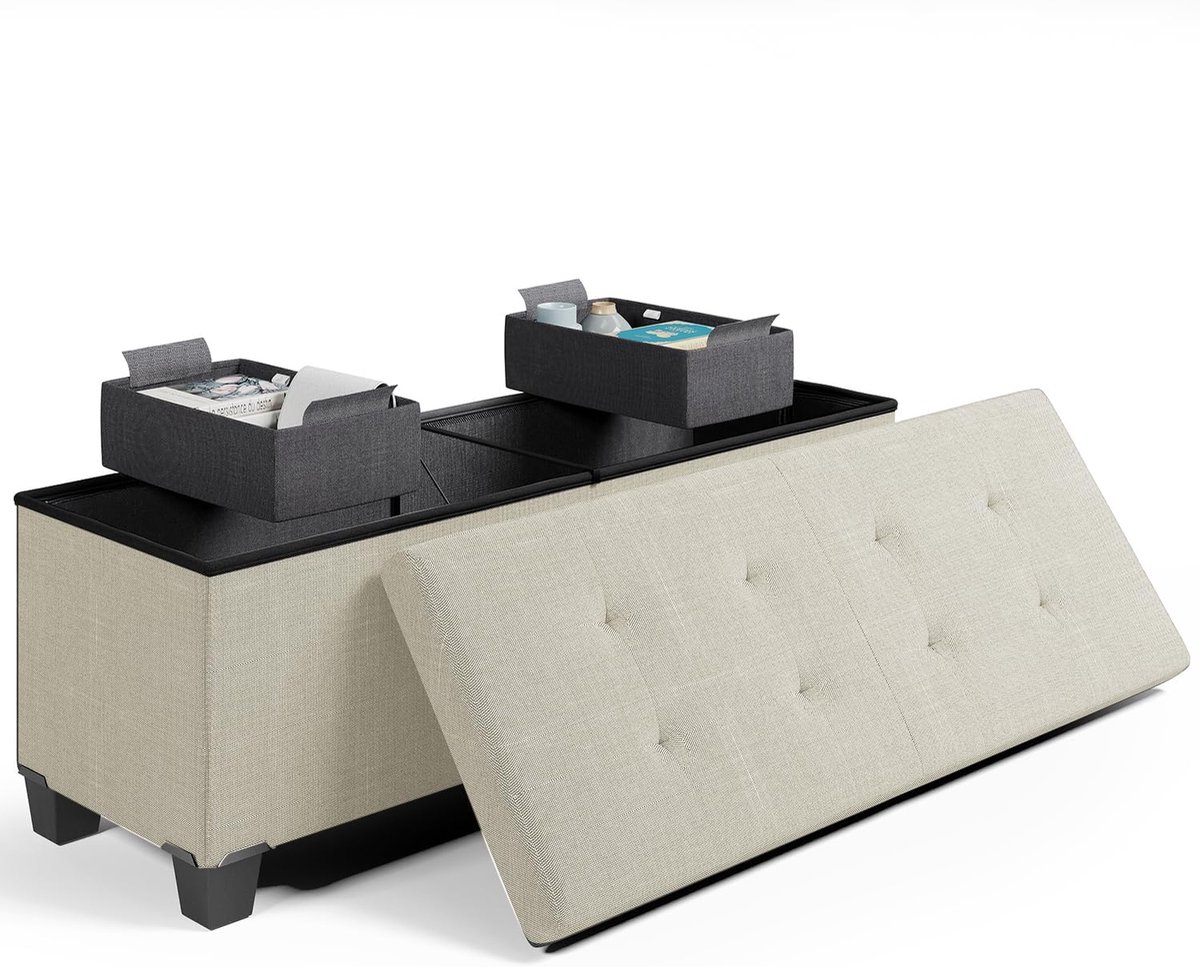 Opbergbank met Deksel - Ottomaanse Voetenbank - Slaapkamer of Woonkamer - Inclusief 2 Kleine Bakken - 109x38x38 cm - Ivoor Stof