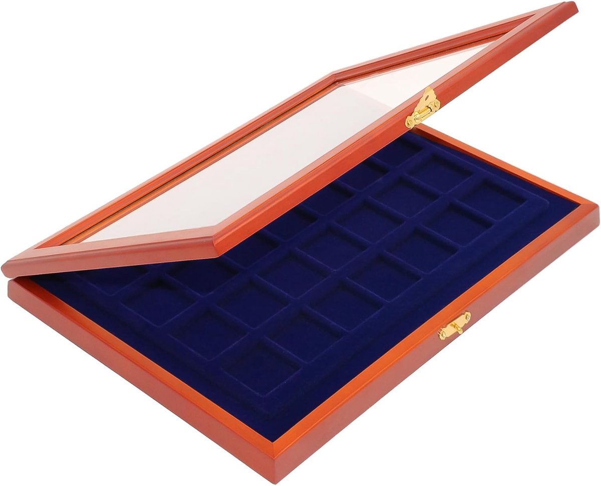 Houten Muntvitrine - Muntcassette - Verzamelen Presenteren - 28 Vakken Tot 40mm - 375x260x30 mm - Bruin