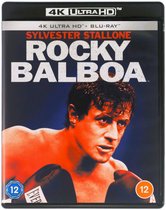 Voorflap van de Rocky Balboa 4K Ultra HD Blu-ray hoes met een close-up van Sylvester Stallone in bokshandschoenen. Bevat leeftijdsclassificatie '12'.