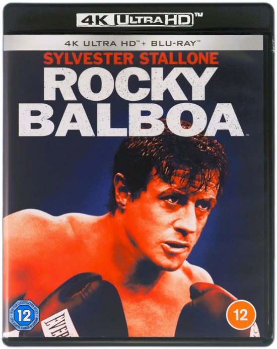 Voorflap van de Rocky Balboa 4K Ultra HD Blu-ray hoes met een close-up van Sylvester Stallone in bokshandschoenen. Bevat leeftijdsclassificatie '12'.