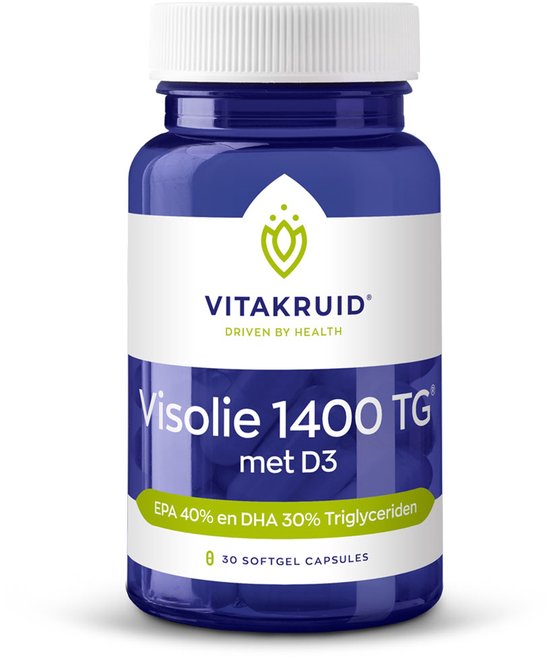 Blauwe pot met witte dop, label met Vitakruid logo, 'Visolie 1400 TG met D3' en 'EPA 40% en DHA 30% Trigliceriden'. 30 softgel capsules.
