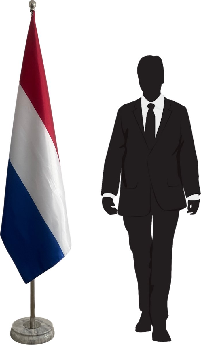 Nederlandse vlag met standaard - witte marmeren voet - zilverkleurige telescopische mast tot 3 m - luxe vloervlag