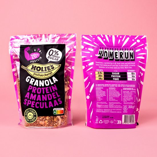 Voor- en achterkant van Holie's Granola Protein Amandel Speculaas verpakking, 350g, met voedingswaarde.