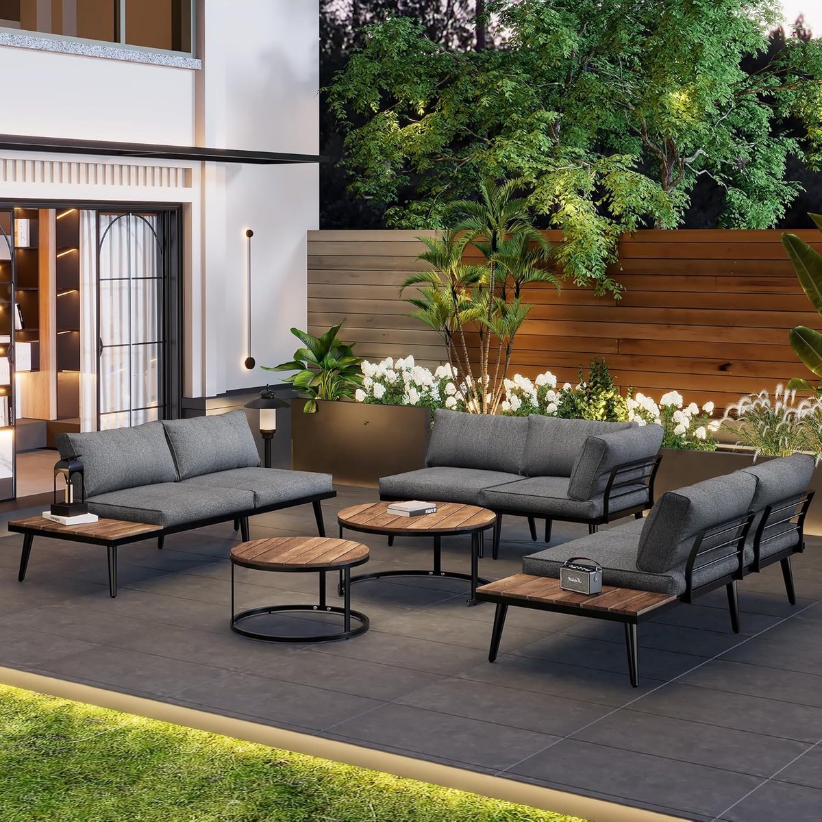 Modulaire 6-delige Buiten Loungeset 2x 2-Zitsbank + 2x Eenzitsbank + 2x Tafels 160x64x75 cm – Verzilverd IJzer & Massief Acaciahout – Weerbestendig Tuinmeubelset Laura