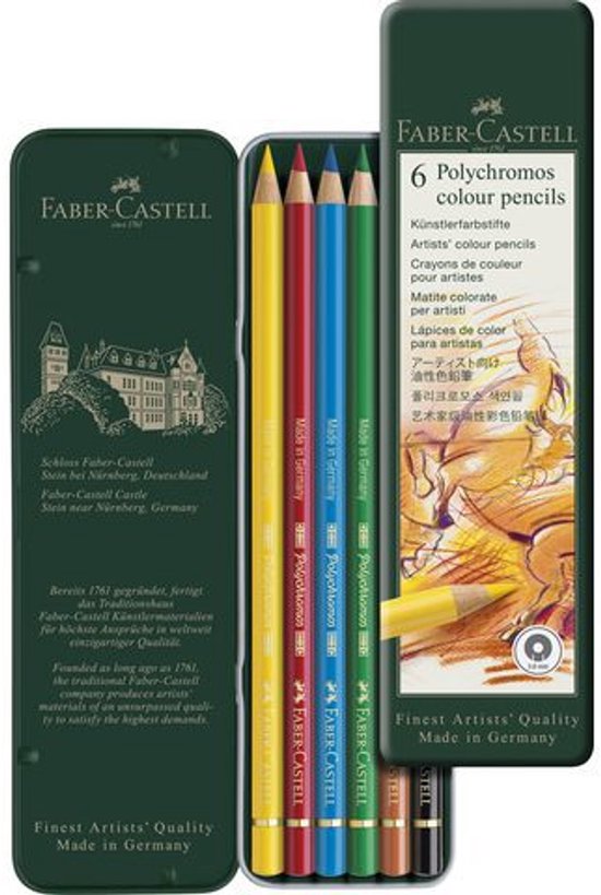 Boîte de 6 crayons de couleur Faber-Castell Polychromos : jaune, rouge, bleu, vert, orange et marron. Couvercle avec image de château.