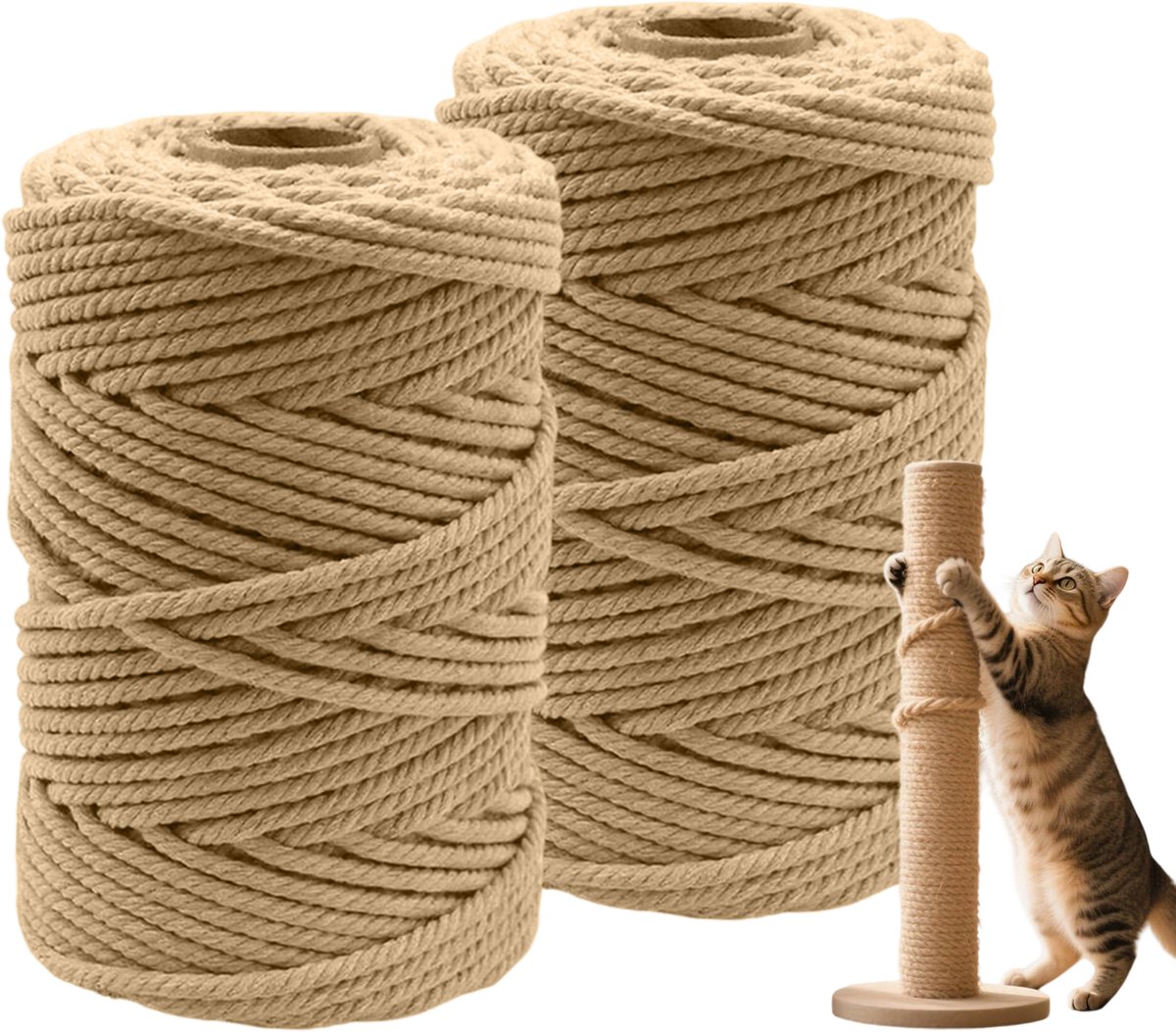 GOODEVN Jute Touw 2 Rollen - 6 mm x 50 m - voor kattenkrabpaal - Natuurlijk Hennep Touw voor Krabpaal, Knutselen & Tuinieren - Bruin