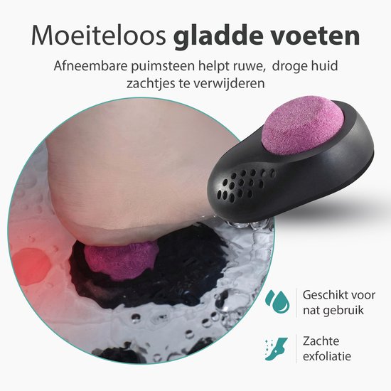 Elektrisch voetenbad met afneembare puimsteen, met de tekst "Moeiteloos gladde voeten".