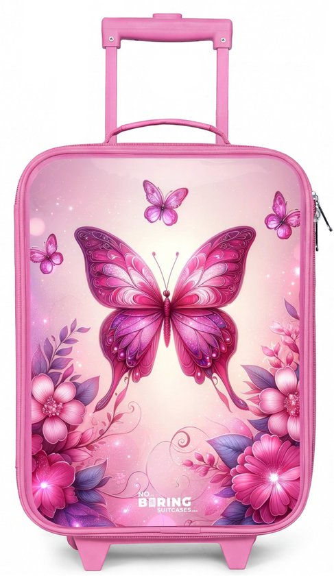 Roze kinder koffer met grote roze vlinder en bloemenprint, uittrekbare handgreep.
