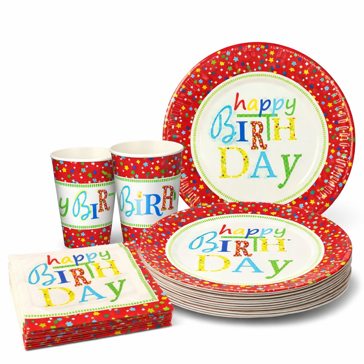Wegwerp Servies Set Verjaardag "Happy Birthday"- 20 personen- 20 x Borden 23cm Bekers 0,2 l Servetten 3-laags 33 cm x 33 cm feest Feestartikelen