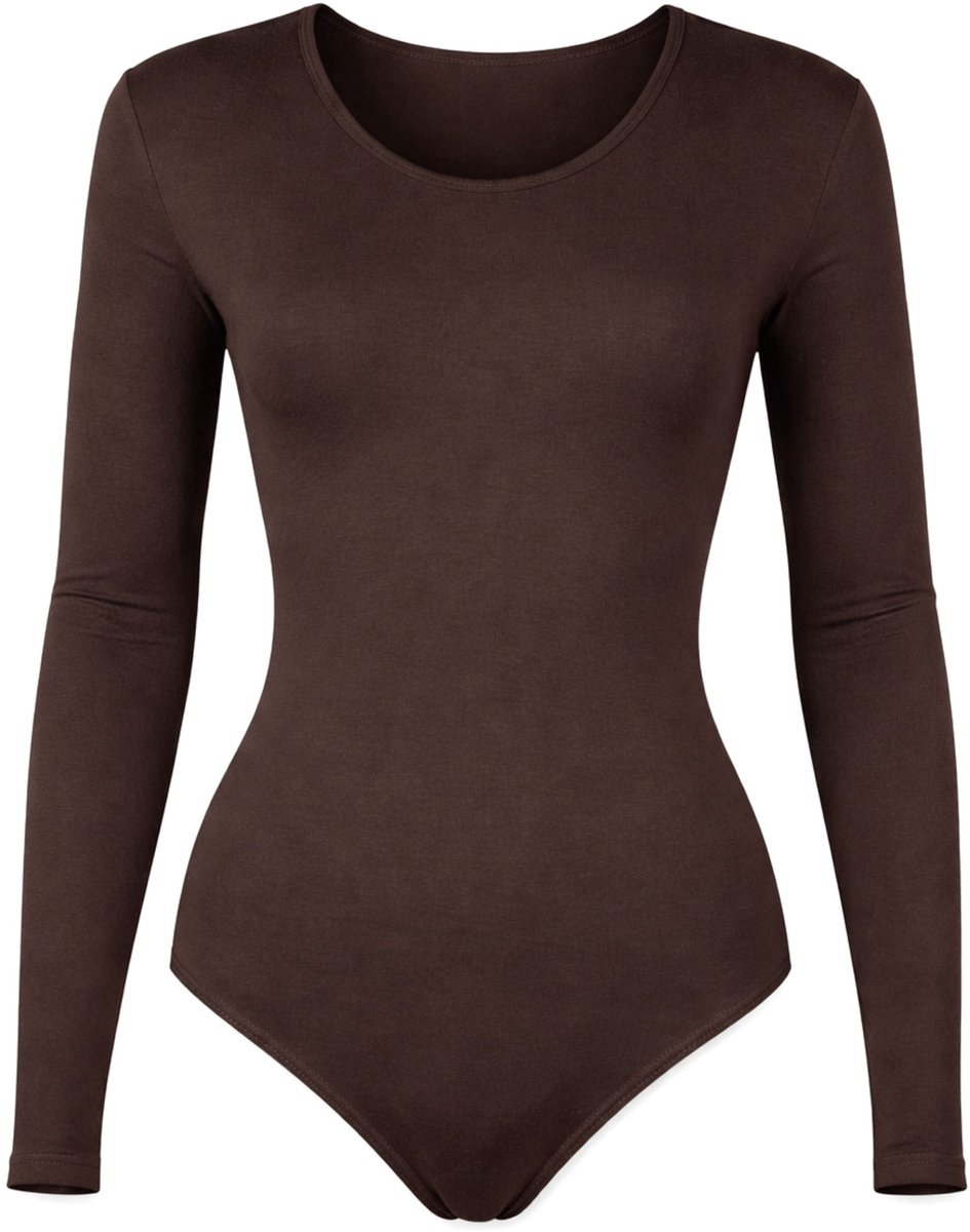 J&C Dames katoenen body met lange mouw Bruin - maat XL