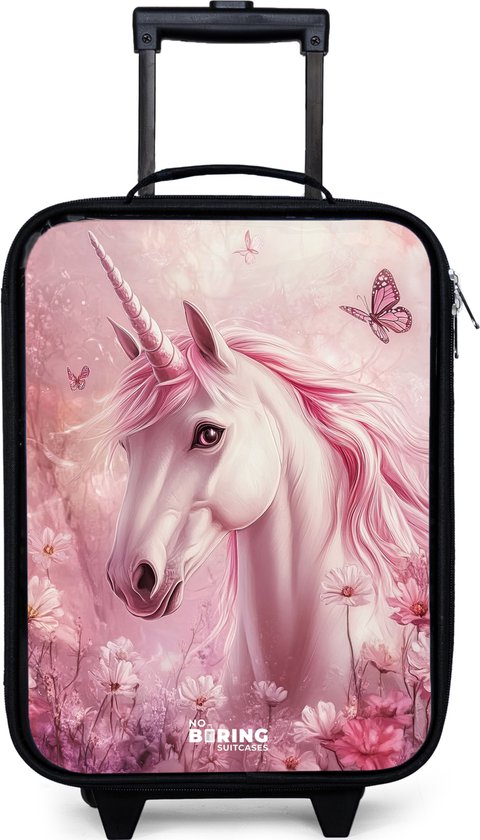 Zwarte kindertrolley met een gedetailleerde print van een witte eenhoorn met roze manen, omringd door roze bloemen en vlinders.