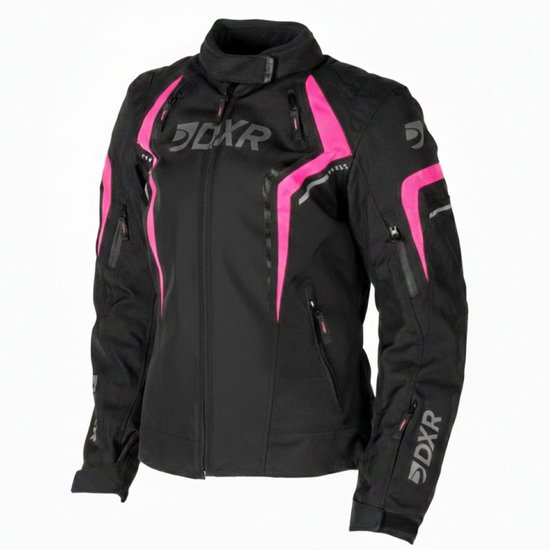 Zwarte motorjas met roze accenten en DXR logo's, recht van voren.