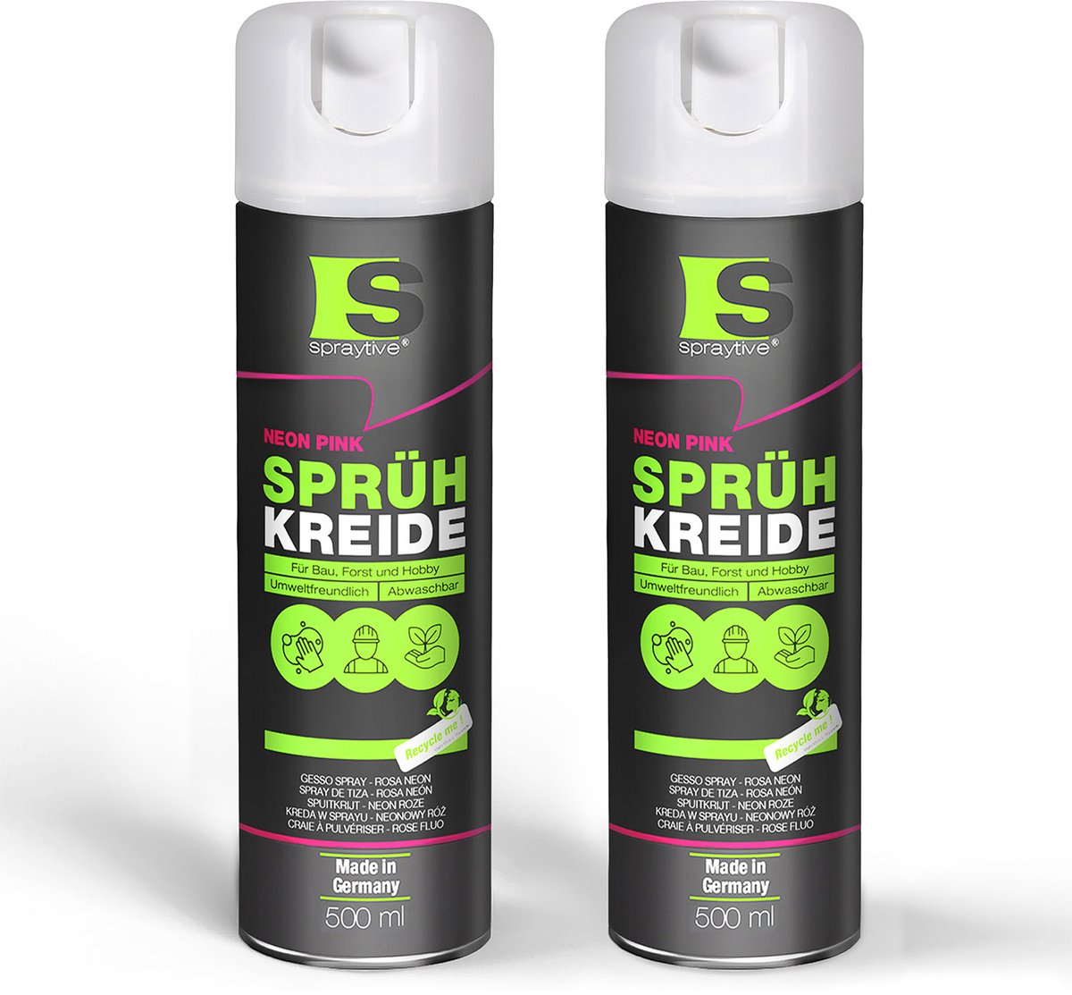 Spraytive 2x 500ml spuitkrijt neon roze markeerspray afwasbaar krijtspray voor tijdelijk markeren op asfalt gras en beton hoge dekking