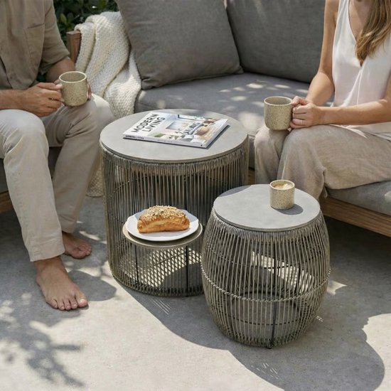Japandi Tuin Bijzettafel Set – 2-delig | Ø44 + Ø37 cm – Minimalistisch & Modern Outdoor Design