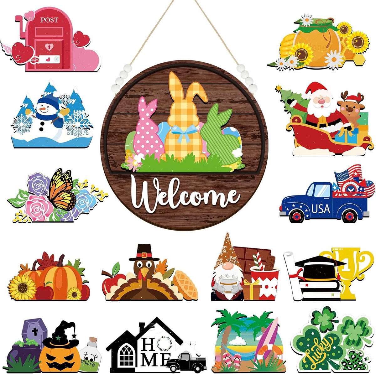 Verwelkomingsbord Hout - Seizoensgebonden Decoratie - Voordeur Versieren - 15 Verwisselbare Iconen - 30x30 cm - Wit Zwart Bruin