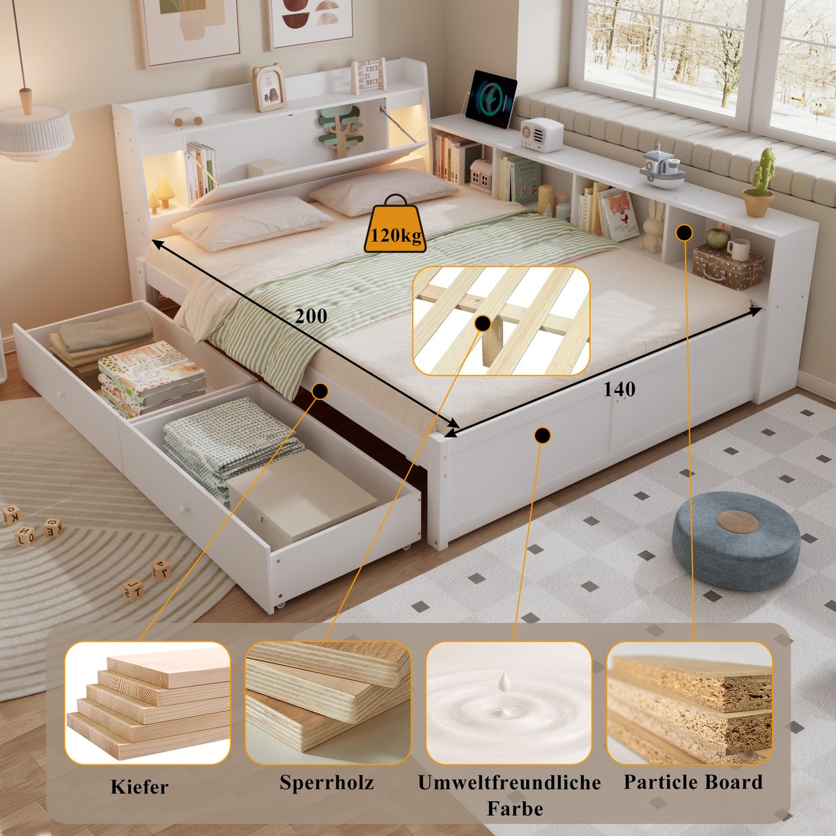Tweepersoonsbed - paneelbed - hoofdeinde met opbergruimte + 2 lampjes - met oplaadpunt - opbergkast en lades aan de zijkant - grenenhout + spaanplaat + MDF - wit - 140 x 200 cm