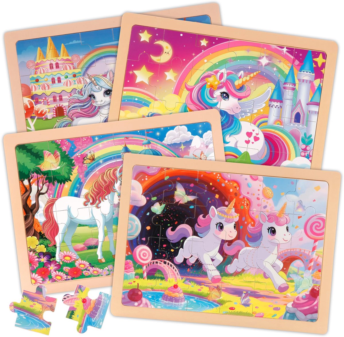Kraftverdia Puzzel kind Houten Eenhoorn - 4 Sets 24 stukjes Legpuzzels -Educatief Speelgoed voor Kinderen 3-6 Jaar – Kinderpuzzel