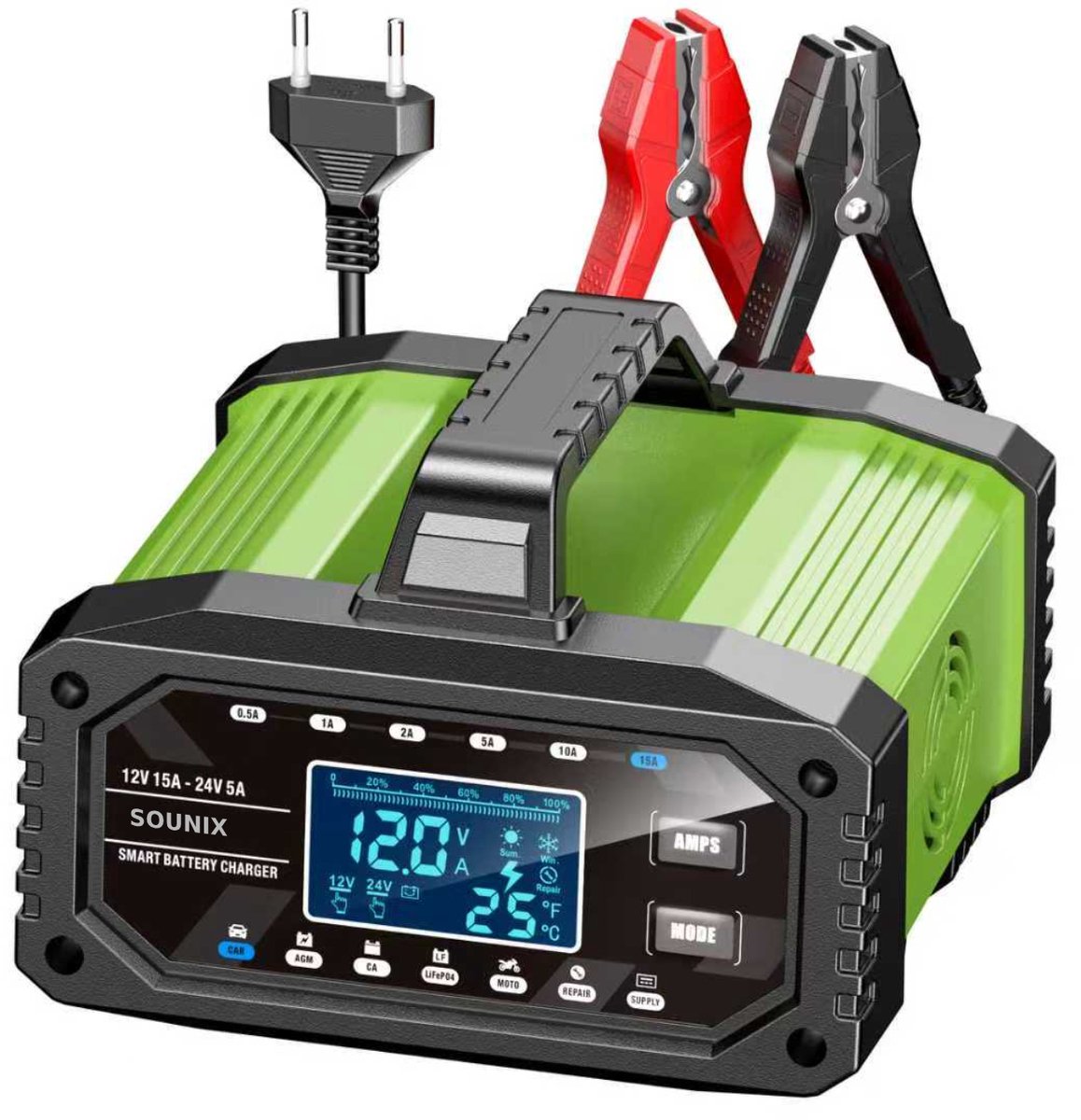 Sounix Acculader - 12/24V - 5A/15A - 180W - Accu Lader voor Auto / Motor / Scooter / Boot / Camper - Zwart/Groente