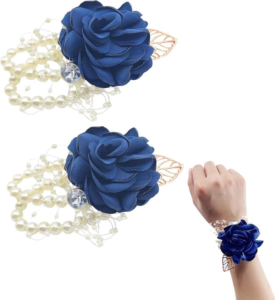 Bruiloftspolsen - Polsbloemen Corsages - Feestelijke Gelegenheden - Met Parels Strass - 9 x 7 x 3 cm - Marineblauw