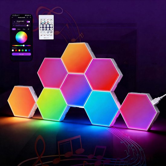 Een reeks zeshoekige LED-lampen in regenboogkleuren, verbonden op een bureau. Een smartphone en afstandsbediening ernaast.