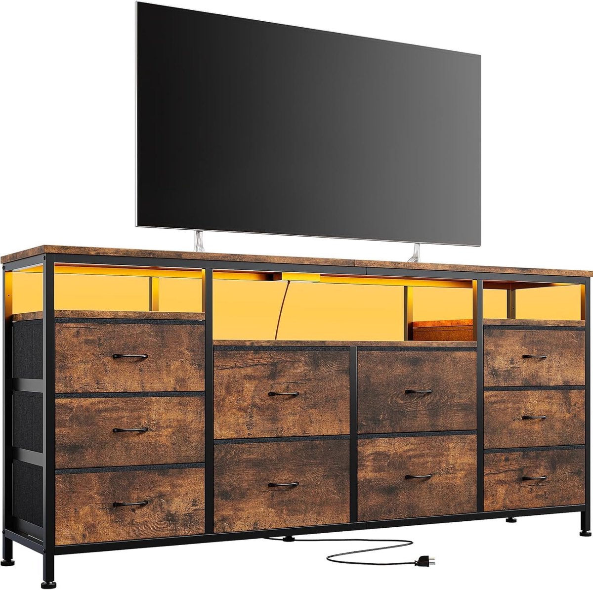 HOERFURIY Industrieel TV-Meubel 160 cm - Met 10 Lades, RGB LED-Verlichting & Laadstation - Voor TV's tot 75 inch - TV-Kast / Dressoir - Rustiek Bruin / Zwart