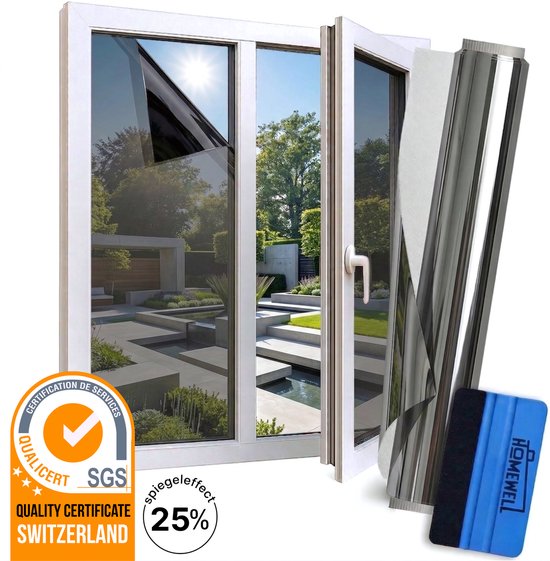 Homewell® Zonwerende Raamfolie - 90x200cm - Isolerend - Statisch & Herbruikbaar - Tegen Hitte & Inkijk - HR+ Geschikt – 25% Spiegeleffect Zwart