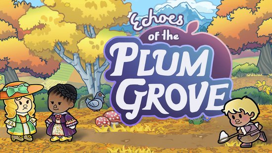 Titel artwork voor 'Echoes of the Plum Grove' met drie cartoonpersonages en de titel in paarse en witte letters, in een herfstachtige omgeving.