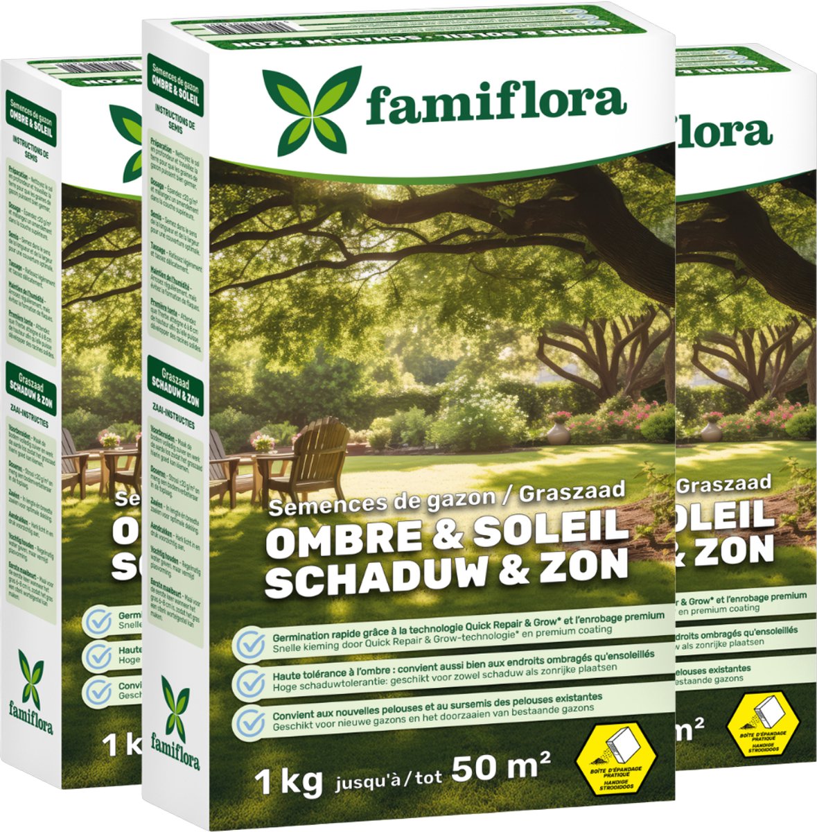 Famiflora graszaad 3kg tot 150m² (3 x 1KG) - Schaduw & zon - ideaal voor een schaduwgazon - Goed voor een gazon tot 50 m² - Hoge schaduwtolerantie - Voor een vol & egaal gazon