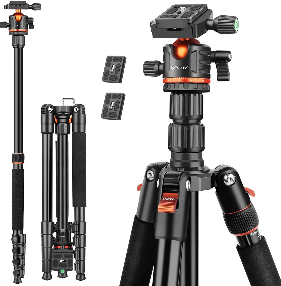 Camera Statief - Reis Statief - Fotografie Buiten - Robuust Aluminium Ontwerp - 198cm Max Hoogte - Zwart Oranje