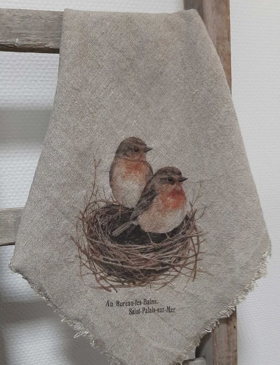 Landelijke linnen shabby doek roodborstje op nest, ca 50 x 50 cm/Shabby doek roodborstje op nest