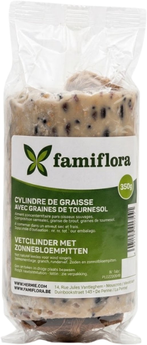 Famiflora gevulde vetcilinder voor buitenvogels - Zonnebloempitten - 350g - 35% talg en 20% zonnebloempitten - Handig ophangtouwtje - Aanvullend voeder