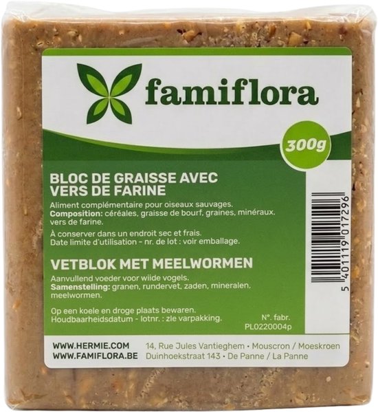 Famiflora vetblok voor buitenvogels - Met Meelwormen - 300g - Aanvullend voeder voor wilde vogels - Rijk aan meelwormen - Gemakkelijk op een voedertafel te plaatsen