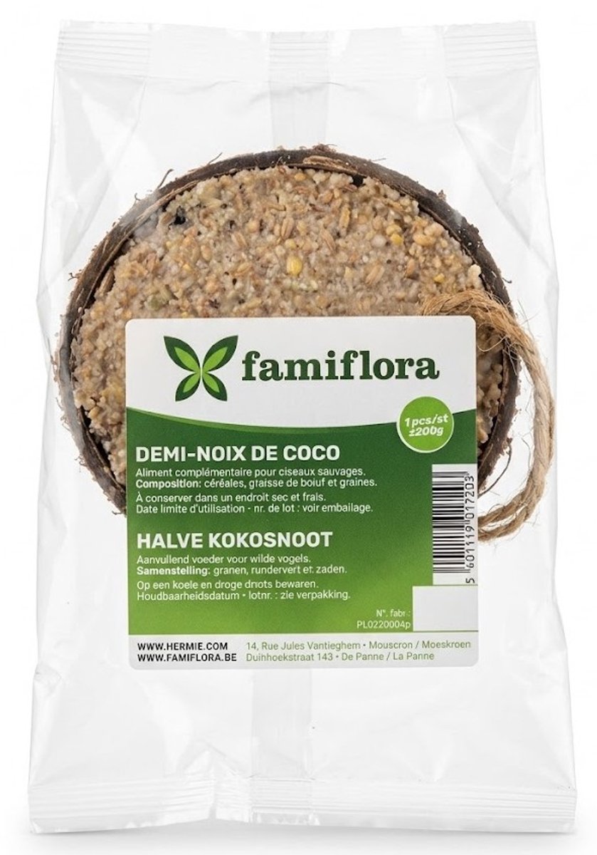 Famiflora Halve Kokosnoot Gevuld - Wilde Vogels - Vet & Zadenmix - +/- 200g - 100% Natuurlijke houder - Gevuld met hoogwaardig rundervet - Makkelijk op te hangen