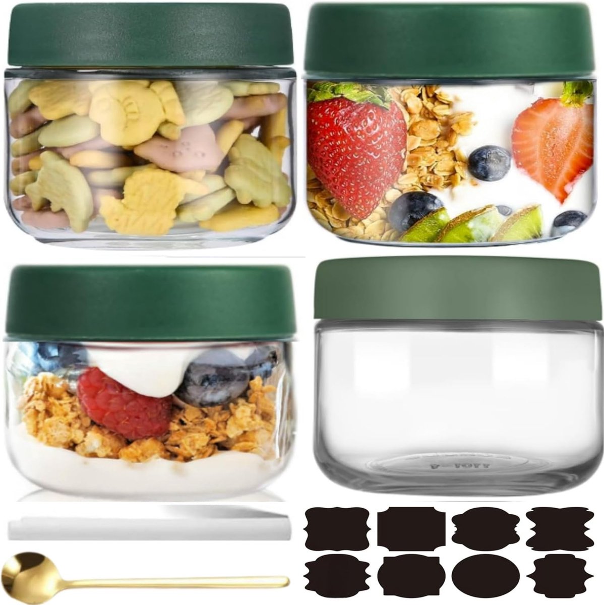 Overnight Oats Potten - Inmaakpotten met deksel - Ontbijt Voorbereiden - Vaatwasmachinebestendig - 4 stuks 300ml - Groen