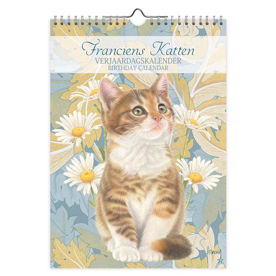 Verjaardagskalender met een zittend kitten met rode en witte vlekken, omringd door witte madeliefjes en gele bladeren.