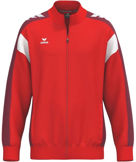 Rood Erima trainingsjack met rits, witte schouderdetails, donkerrode zijpanelen en het merklogo op de borst.