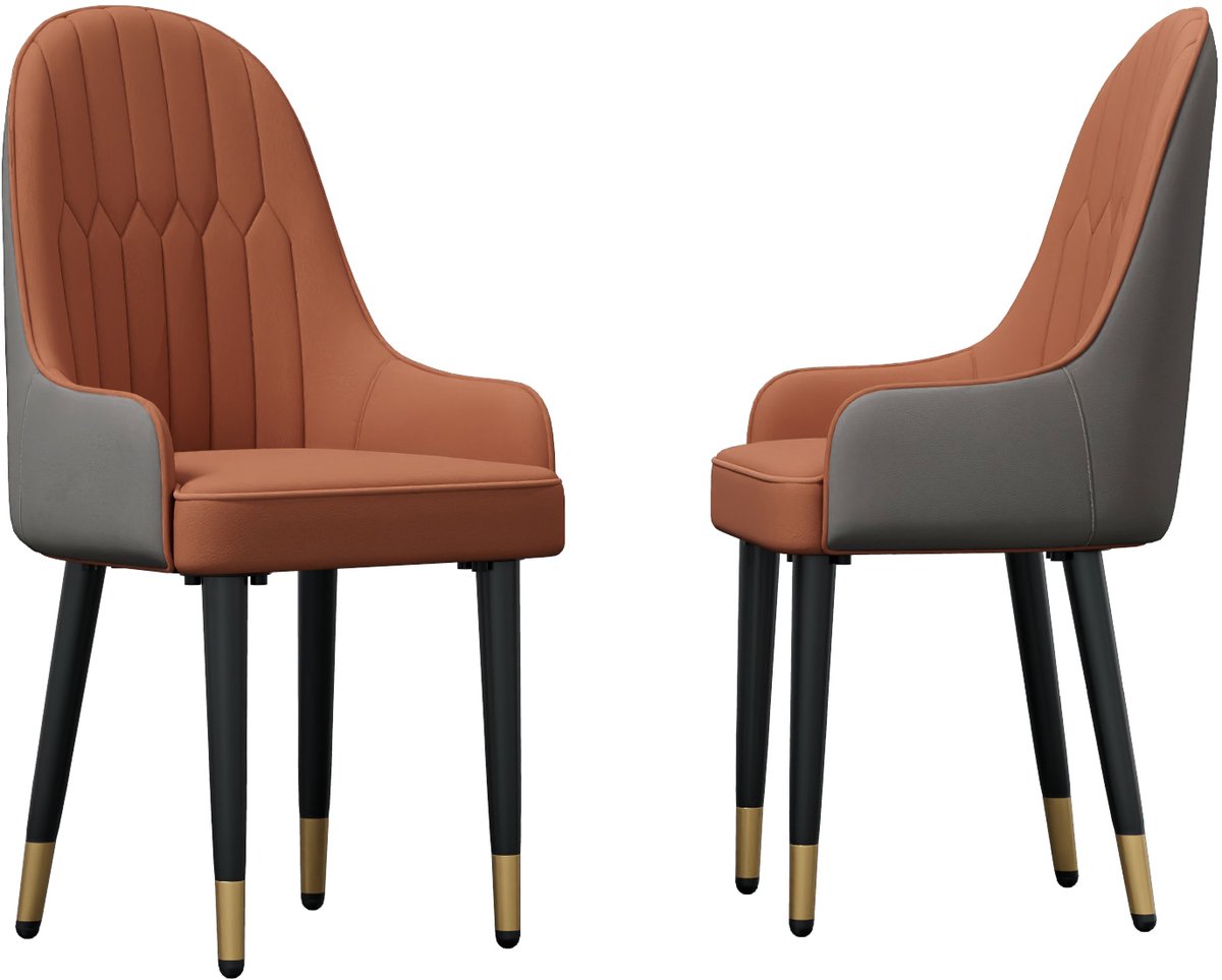 FATIVO Eetkamerstoelen Set van 2 – Microfiber Leer – Met Hoge Rug – Zwarte Metalen Poten – Lichtkaki & Grijs - Draagvermogen 150 kg